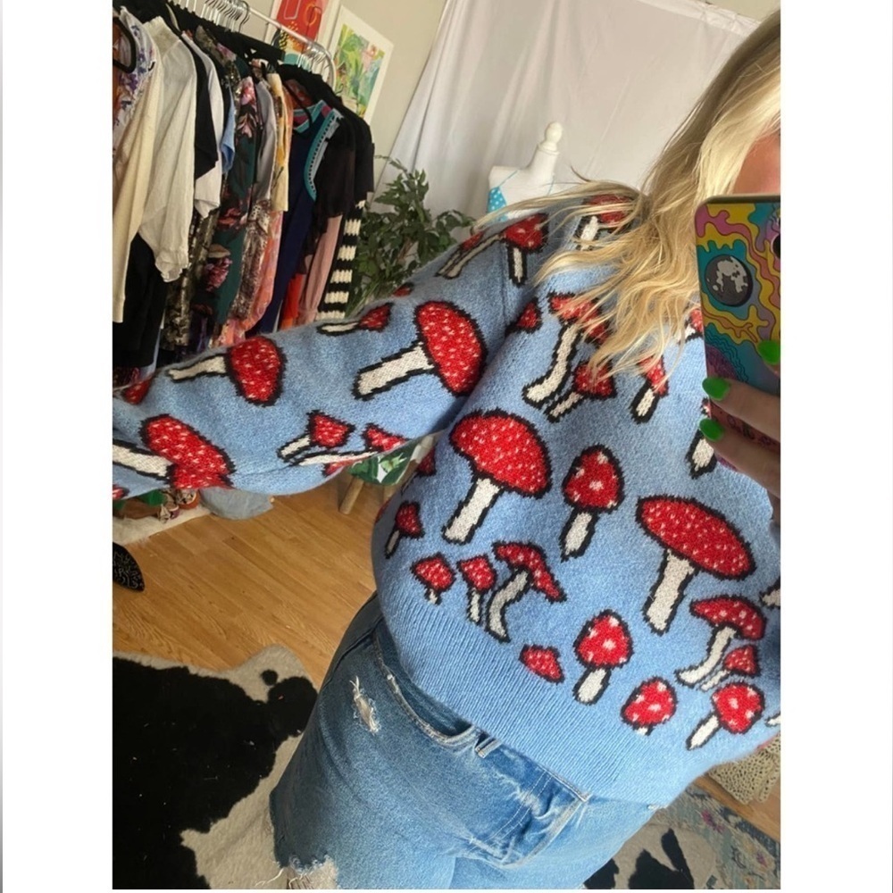 Zara Blogger's Favorite Knit Mushroom Long Sleeve Crew Neck Novelty Sweater - Picture 7 of 16